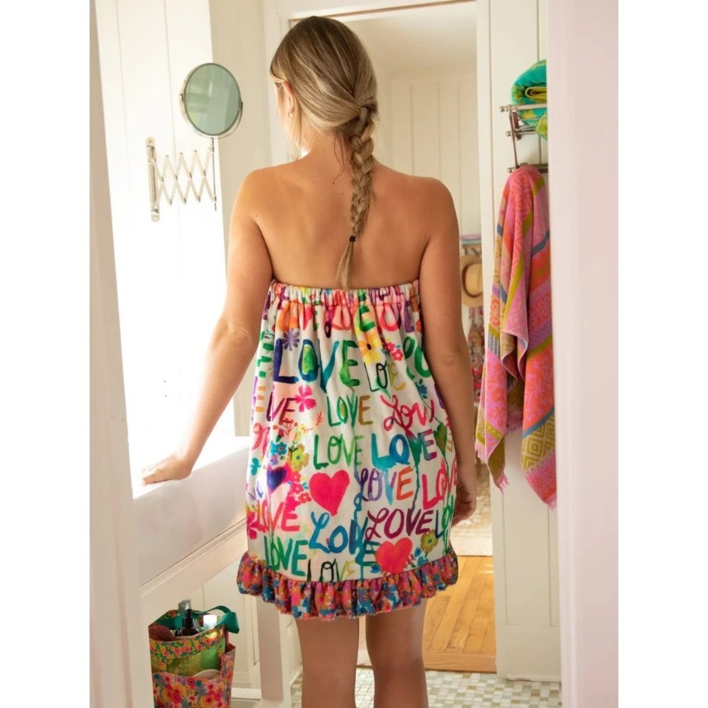 Natural Life Love Graffiti Spa Wrap Ruffle Hem Plush Towel Robe White L/XL - Picture 2 of 8